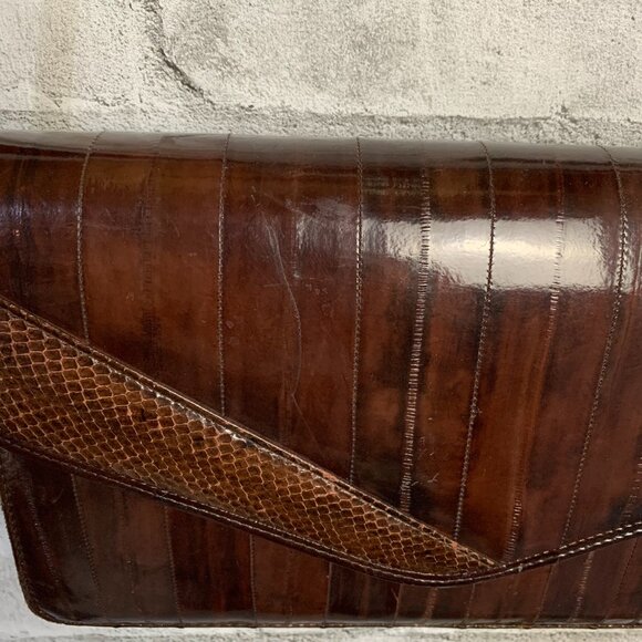 Vintage 80s Burgundy Eel Skin Shoulder Bag Crossbody Handbag Clutch Purse - Picture 11 of 16
